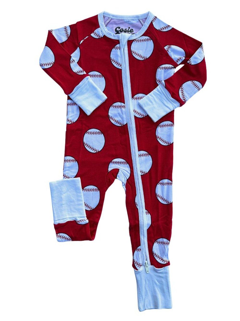 BASEBALL Red Zip Up Pajamas Bamboo Baby Romper Footies
